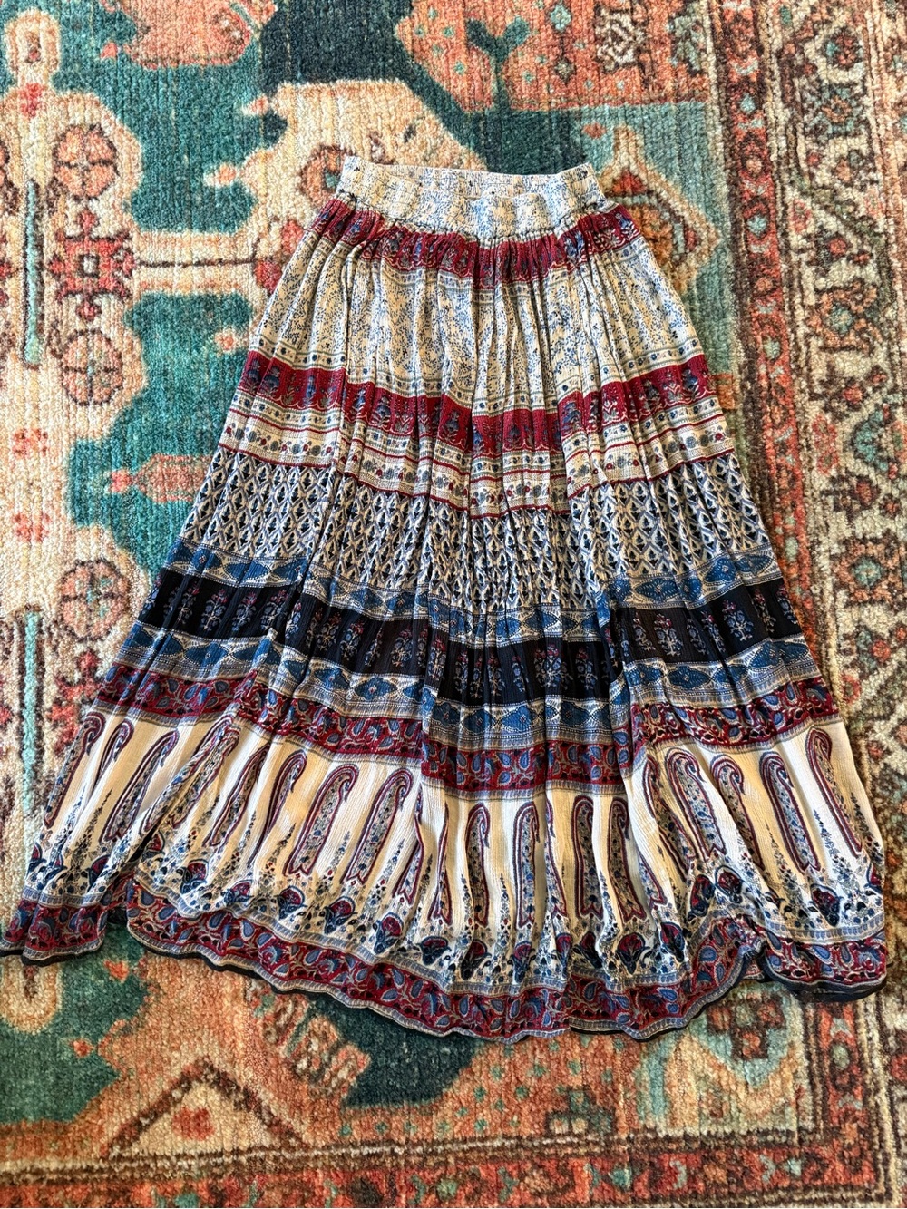 Bohemian Multi-Print Tiered Maxi Skirt - Cream, Red & Blue